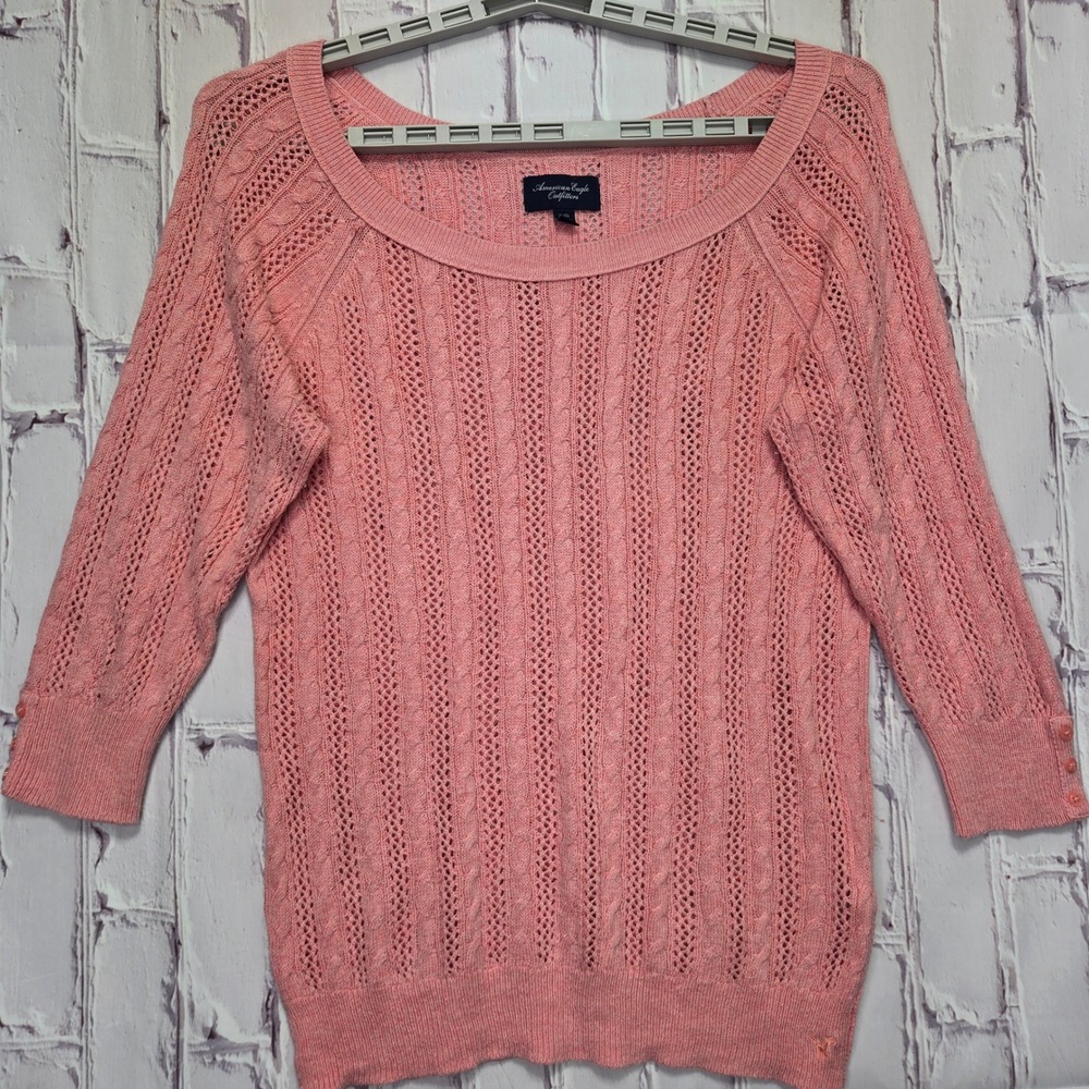 American Eagle Sweater Pink Cable Pointelle Knit Scoop Neck Womens XL